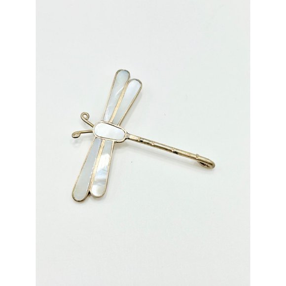 Vintage Alpaca Silver Mexico Dragonfly Insect Pin Brooch Mother of Pearl Inlay - Picture 6 of 10